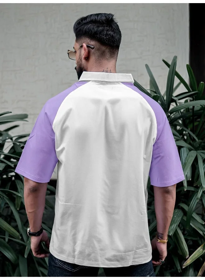 Maniac Maniac Mens Printed Raglan Polo Neck Half Sleeve White and Purple Cotton Oversized T-Shirt