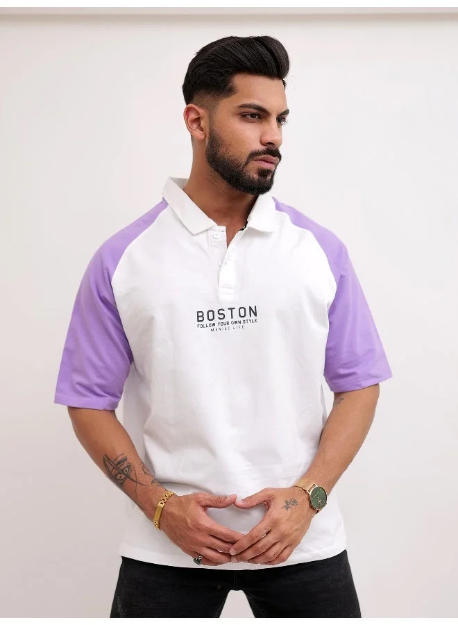 Maniac Maniac Mens Printed Raglan Polo Neck Half Sleeve White and Purple Cotton Oversized T-Shirt