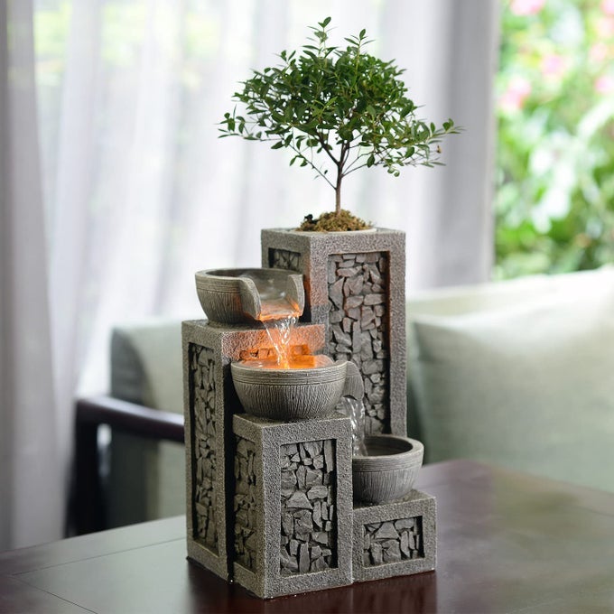INDOOR TABLETOP WATER FOUNTAIN 3TIER RESIN WATERFALL WITH LED LIGHTS MINI BONSAI PLANTER CASCADING WATER FLOW SOOTHING DESK FOUNTAIN FOR HOME OFFICE MEDITATION DECOR22024