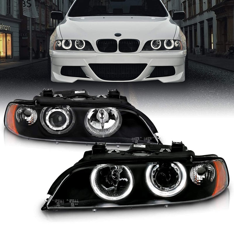 AmeriLite Projector Replacement Halogen Headlights Dual LED Halo Set For 9700 BMW 5 Series E39 Sedan Passenger and Driver Side
