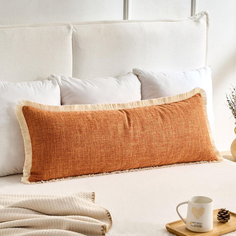 KWLET Boho Accent Pillowcase 14×36 Decorative Lumbar Throw Pillow Cover Farmhouse Cushion for Couch Sofa Bedroom Living Home Décor Orange - Image 2