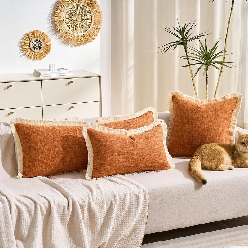 KWLET Boho Accent Pillowcase 14×36 Decorative Lumbar Throw Pillow Cover Farmhouse Cushion for Couch Sofa Bedroom Living Home Décor Orange - Image 4