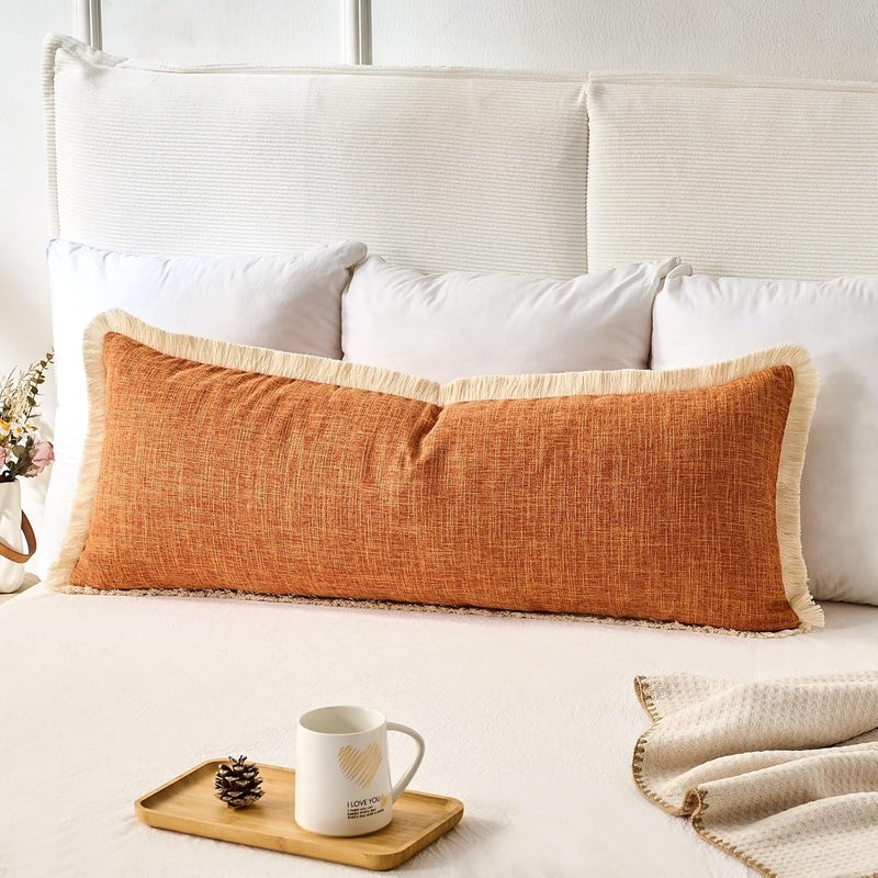 KWLET Boho Accent Pillowcase 14×36 Decorative Lumbar Throw Pillow Cover Farmhouse Cushion for Couch Sofa Bedroom Living Home Décor Orange - Image 1