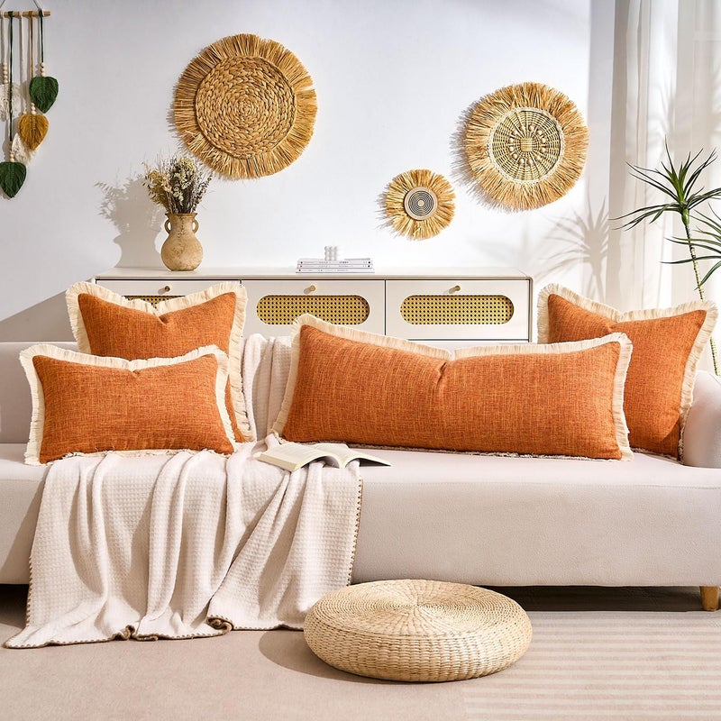 KWLET Boho Accent Pillowcase 14×36 Decorative Lumbar Throw Pillow Cover Farmhouse Cushion for Couch Sofa Bedroom Living Home Décor Orange - Image 5