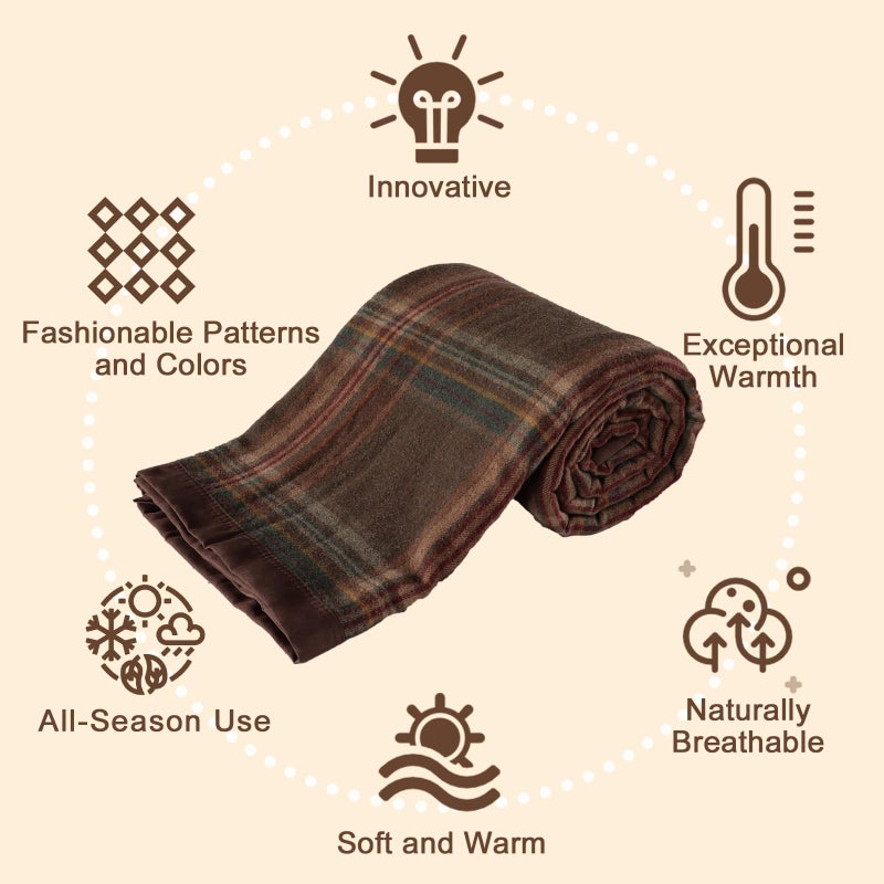 YOUR MOON 100% Pure Merino Wool Queen Size, Australian Organic Natural Wool Blanket, Hypoallergenic Wool Blanket for Bed, Medium Weight(Plaid Brown, 90 * 90) - Image 3