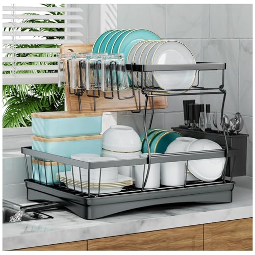 HAKKU 2-Tier Dish Drying Rack with Auto-Drain System, Glass Holder, Knife Organizer & Large Drainboard – Advanced Water-Routing Tech Dish Drainer for Kitchen Countertop Storage (New Black Rack 2025) - Image 1
