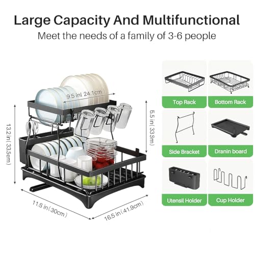 HAKKU 2-Tier Dish Drying Rack with Auto-Drain System, Glass Holder, Knife Organizer & Large Drainboard – Advanced Water-Routing Tech Dish Drainer for Kitchen Countertop Storage (New Black Rack 2025) - Image 2