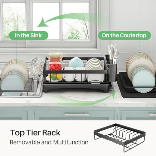 HAKKU 2-Tier Dish Drying Rack with Auto-Drain System, Glass Holder, Knife Organizer & Large Drainboard – Advanced Water-Routing Tech Dish Drainer for Kitchen Countertop Storage (New Black Rack 2025) - Image 5