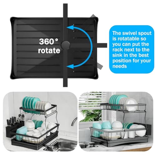 HAKKU 2-Tier Dish Drying Rack with Auto-Drain System, Glass Holder, Knife Organizer & Large Drainboard – Advanced Water-Routing Tech Dish Drainer for Kitchen Countertop Storage (New Black Rack 2025) - Image 3