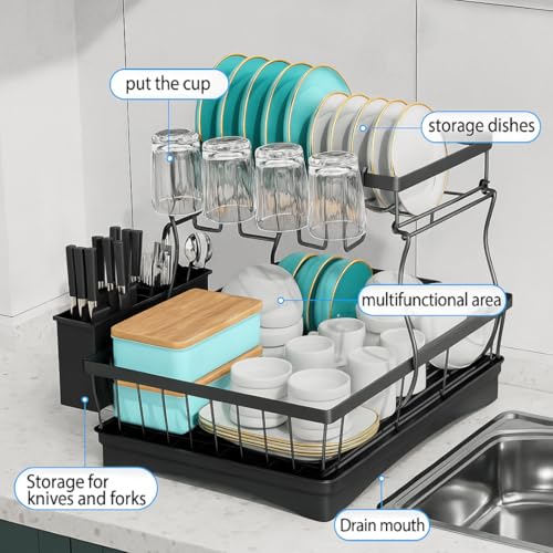 HAKKU 2-Tier Dish Drying Rack with Auto-Drain System, Glass Holder, Knife Organizer & Large Drainboard – Advanced Water-Routing Tech Dish Drainer for Kitchen Countertop Storage (New Black Rack 2025) - Image 4