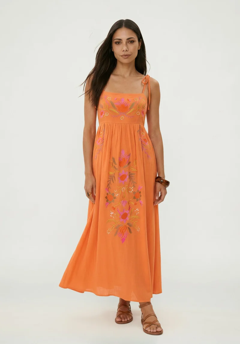 رافاي Furla Smocked Panel Embroidered Midi Dress In Coral