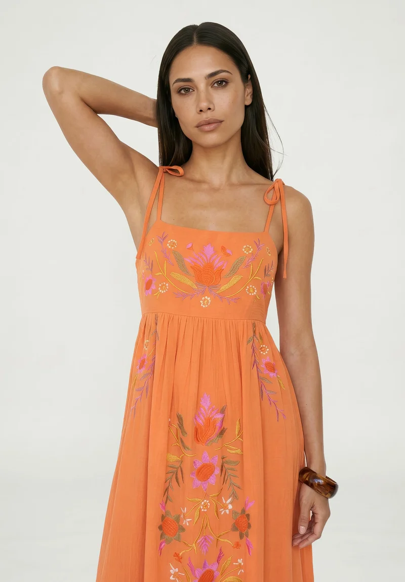 رافاي Furla Smocked Panel Embroidered Midi Dress In Coral