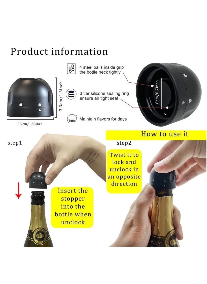 Excefore Champagne Stopper 3Pack Black, Leakproof Champagne Stoppers, Professional Champagne Saver Bottle Stopper, Keep Champagne Fresh Perfect for Champagne, Cava, Prosecco & Sparkling Wine  - Image 3