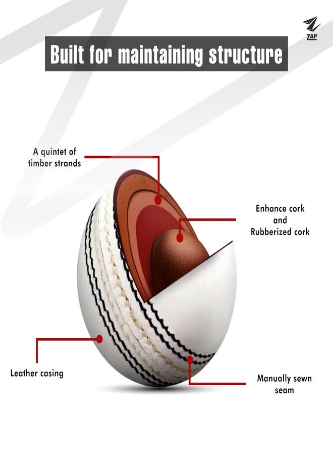 زاب كرة كريكيت جلدية من نادي ZAP - ضمان 20 أوفر أبيض (قطعتان)، معتمدة من المجلس الدولي للكريكيت، كرة جلدية حقيقية مقاومة للماء مخيطة يدويًا. - Image 2