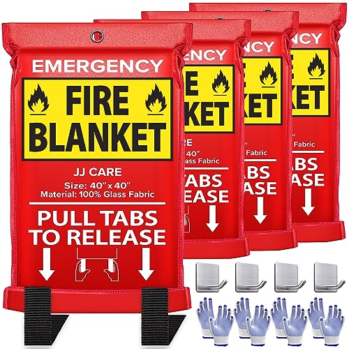 JJ CARE Fire Blanket – 4 Packs with Hooks and Gloves – 40” x 40” Fire Blankets Emergency for Home and Kitchen, High Heat Resistant and Flame Protection for Kitchen, Car, Office, Camping & Home Safety - Image 1