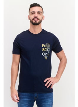 Men Crew Neck Short Sleeve Graphic Printed T-Shirt, Navy Blue