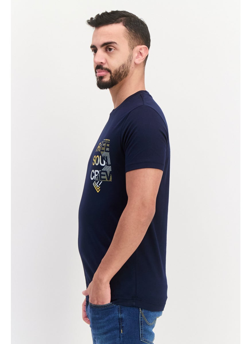 Free Soul - Men Crew Neck Short Sleeve Graphic Printed T-Shirt, Navy Blue - Image 1
