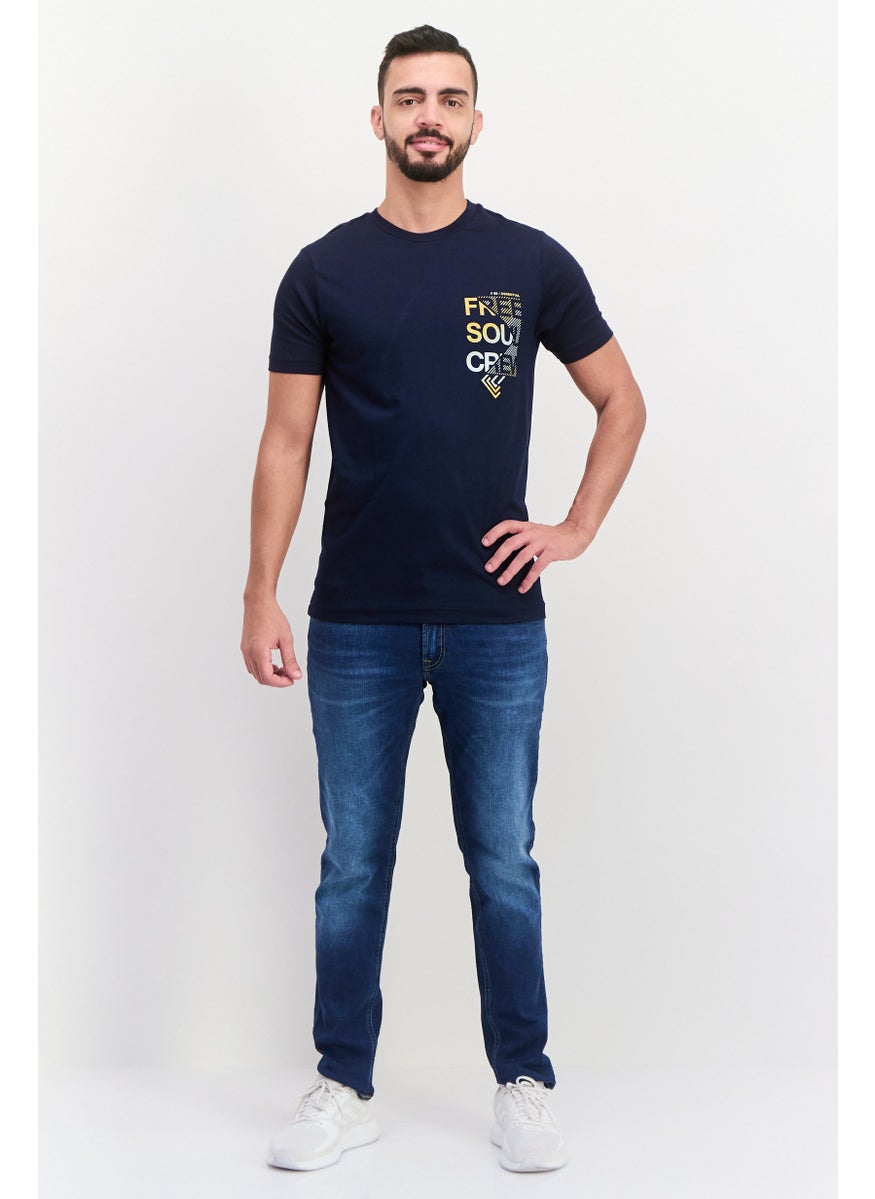 Free Soul - Men Crew Neck Short Sleeve Graphic Printed T-Shirt, Navy Blue - Image 1