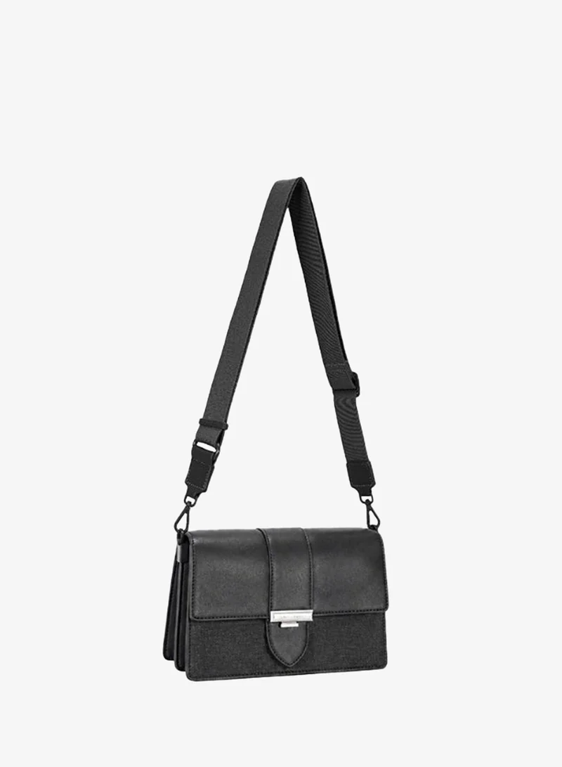 David Jones black David Jones leather shoulder and cross body bag with flap- cross body leather and textile messenger purse with adjustable strap model cm7728 for Women | Best Price UAE