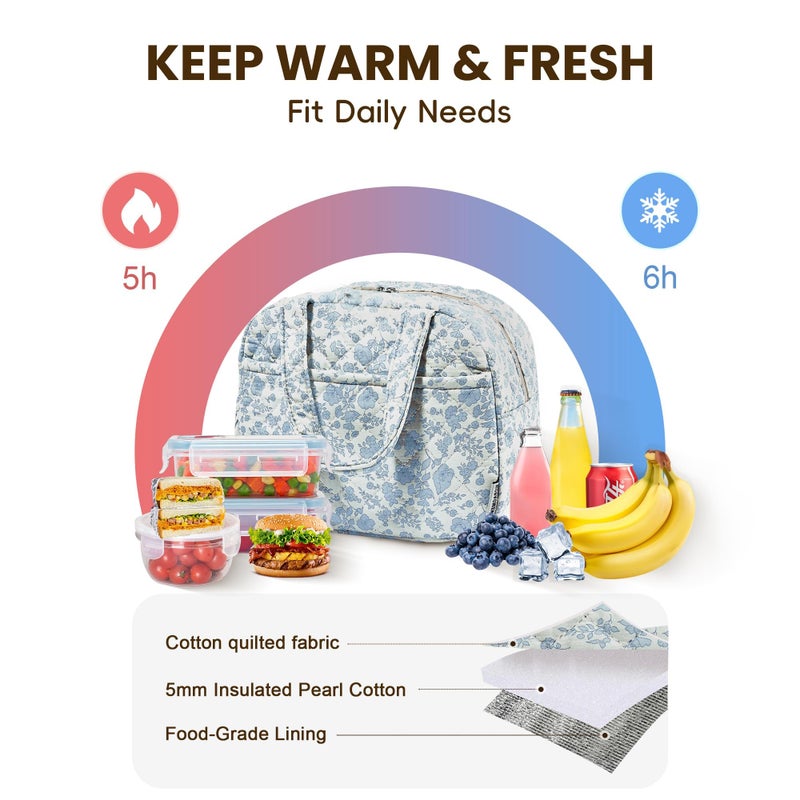 WOBAGMEN Quilted Lunch Box for Women,Lunch Box for Teen Girls,Cute Floral Lunch Bags for Work, School,Office,Picnic,Travel (Cute Blue Floral) - Image 4