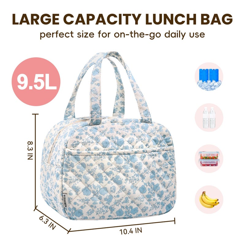 WOBAGMEN Quilted Lunch Box for Women,Lunch Box for Teen Girls,Cute Floral Lunch Bags for Work, School,Office,Picnic,Travel (Cute Blue Floral) - Image 2