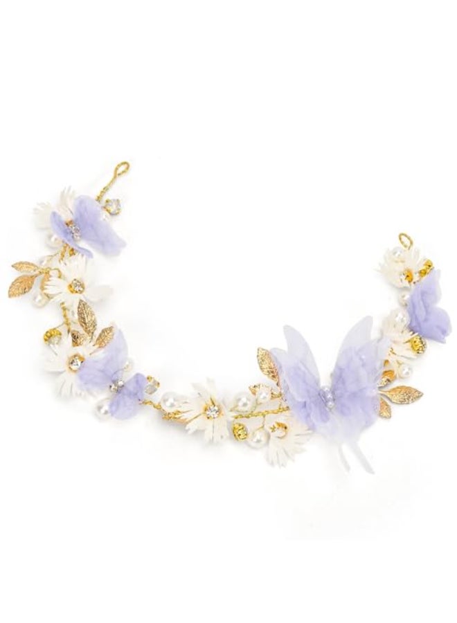 Vividsun Butterfly Headbands Flower Girl Hair Accessory with Pearls Butterfly Tiara for Christmas Birthday Cosplay Headpiece Purple and gold - Image 1