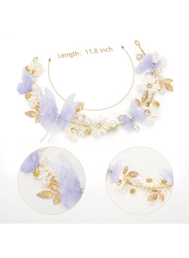 Vividsun Butterfly Headbands Flower Girl Hair Accessory with Pearls Butterfly Tiara for Christmas Birthday Cosplay Headpiece Purple and gold - Image 3
