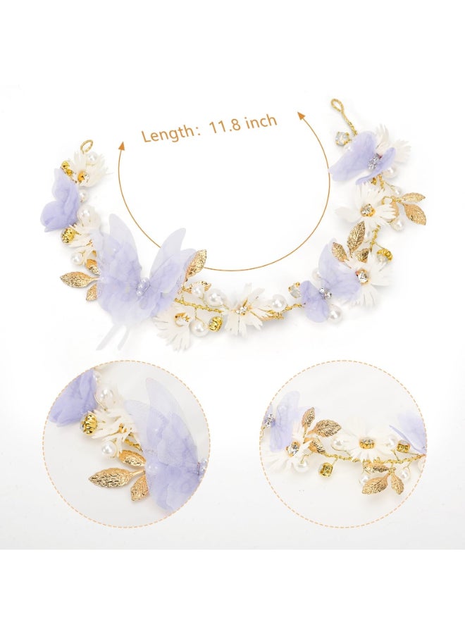 Vividsun Butterfly Headbands Flower Girl Hair Accessory with Pearls Butterfly Tiara for Christmas Birthday Cosplay Headpiece Purple and gold - Image 4