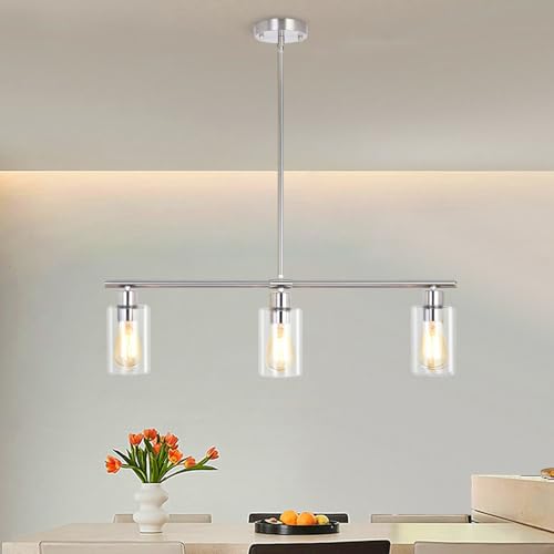 LWYTJO 3-Light Kitchen Island Lighting, Farmhouse Dining Room Light Fixtures Over Table, Modern Brushed Nickel Island Lights Over Island, Linear Chandelier Hanging Ceiling Pendant Light Fixtures for Kitchen - Image 2