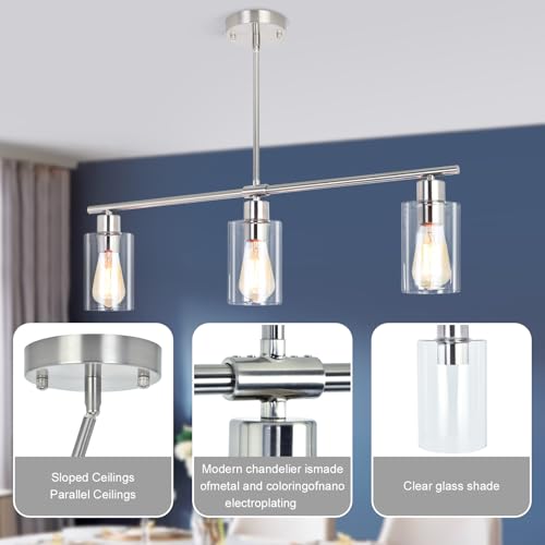 LWYTJO 3-Light Kitchen Island Lighting, Farmhouse Dining Room Light Fixtures Over Table, Modern Brushed Nickel Island Lights Over Island, Linear Chandelier Hanging Ceiling Pendant Light Fixtures for Kitchen - Image 5