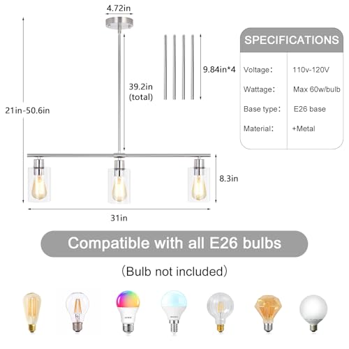 LWYTJO 3-Light Kitchen Island Lighting, Farmhouse Dining Room Light Fixtures Over Table, Modern Brushed Nickel Island Lights Over Island, Linear Chandelier Hanging Ceiling Pendant Light Fixtures for Kitchen - Image 4