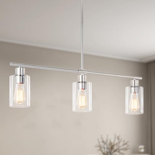 LWYTJO 3-Light Kitchen Island Lighting, Farmhouse Dining Room Light Fixtures Over Table, Modern Brushed Nickel Island Lights Over Island, Linear Chandelier Hanging Ceiling Pendant Light Fixtures for Kitchen - Image 1