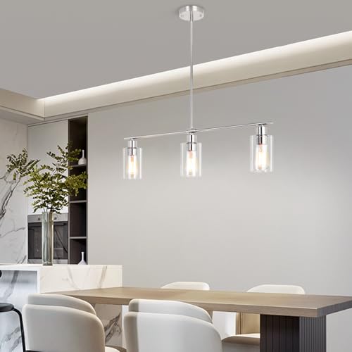 LWYTJO 3-Light Kitchen Island Lighting, Farmhouse Dining Room Light Fixtures Over Table, Modern Brushed Nickel Island Lights Over Island, Linear Chandelier Hanging Ceiling Pendant Light Fixtures for Kitchen - Image 3