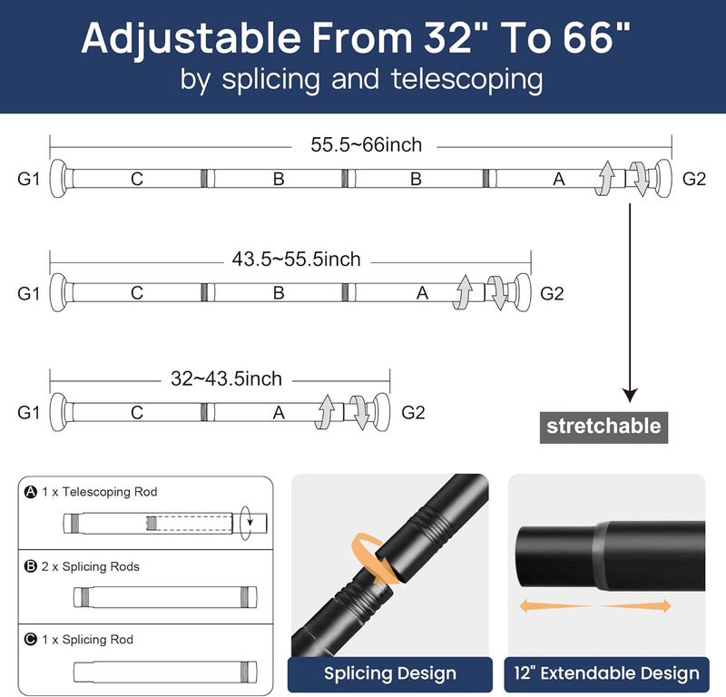 ENJOYBASICS 2 Pack Adjustable Spring Tension Shower Curtain Rod 81 to 167 cm, 7/8" Stainless Steel Matte Black No Drilling Rod for Window, Bathroom, Closet, Room Divider - Image 3