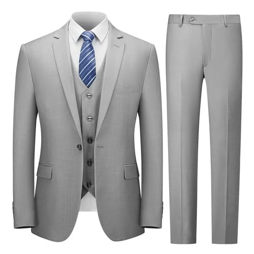 Cooper & Nelson Men's Suit Slim Fit, 3 Piece Suits for Men, One Button Solid Jacket Vest Pants with Tie, Tuxedo Set Light Grey M - Image 1