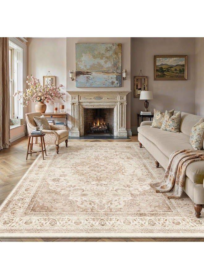 WondRg 8x10 Beige Washable Vintage Area Rug for Living Room Bedroom Soft Tranditional Non Slip Large Throw Rug Lightweight Floral Low Pile Distressed Carpet Office Playroom Home Decor - Image 1