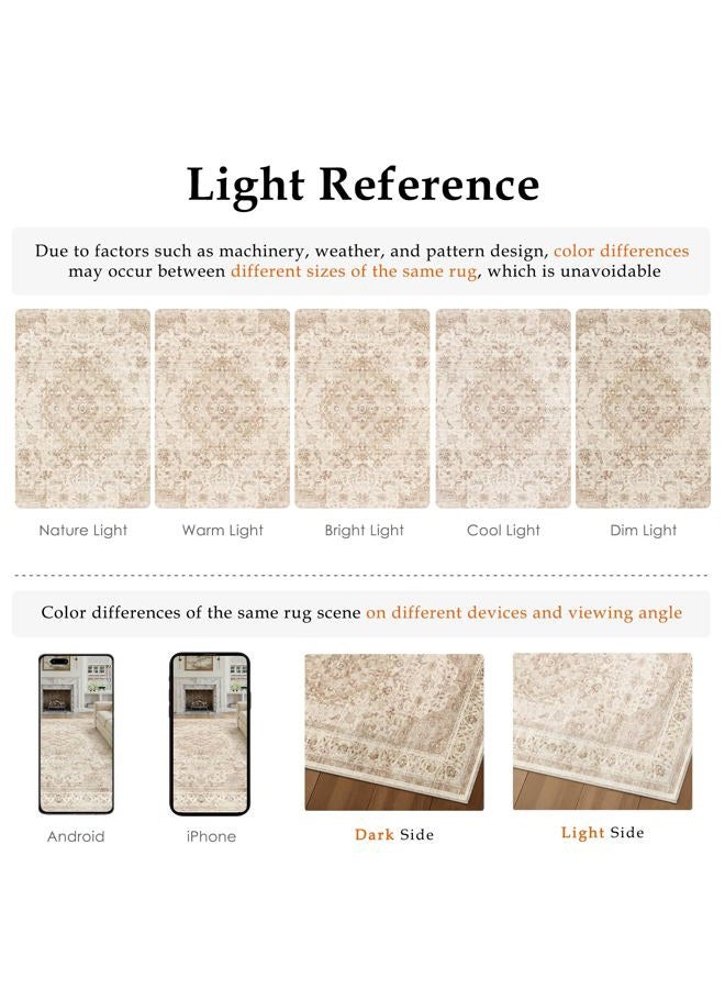 WondRg 8x10 Beige Washable Vintage Area Rug for Living Room Bedroom Soft Tranditional Non Slip Large Throw Rug Lightweight Floral Low Pile Distressed Carpet Office Playroom Home Decor - Image 5