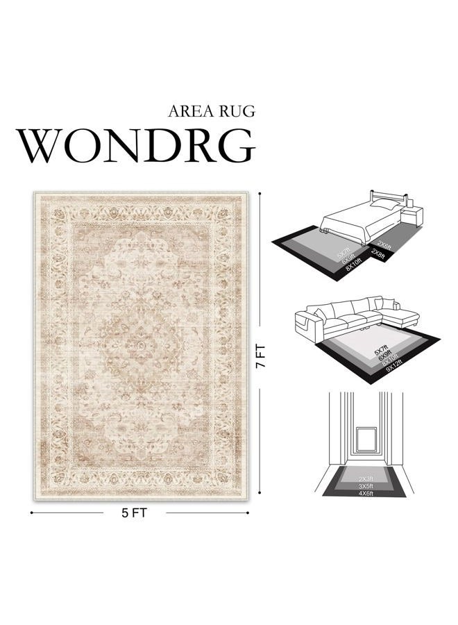 WondRg 8x10 Beige Washable Vintage Area Rug for Living Room Bedroom Soft Tranditional Non Slip Large Throw Rug Lightweight Floral Low Pile Distressed Carpet Office Playroom Home Decor - Image 2