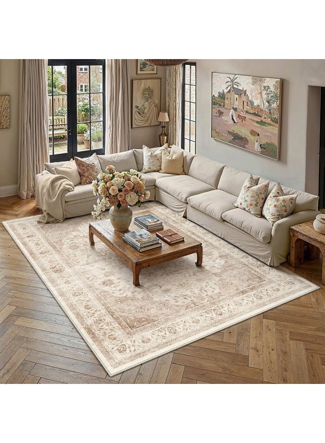 WondRg 8x10 Beige Washable Vintage Area Rug for Living Room Bedroom Soft Tranditional Non Slip Large Throw Rug Lightweight Floral Low Pile Distressed Carpet Office Playroom Home Decor - Image 3