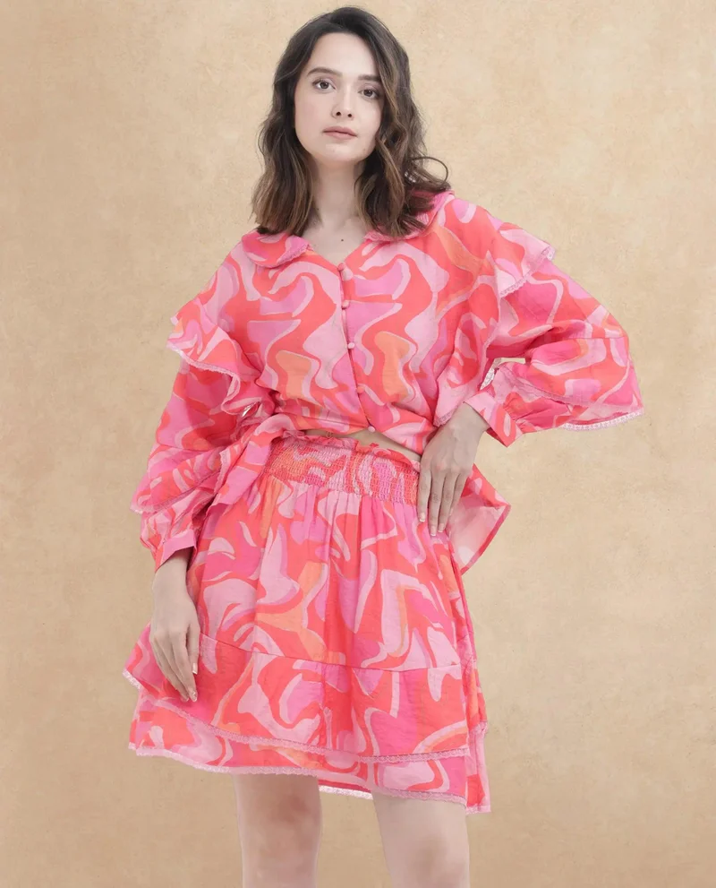 Rareism Women's Ruffled Co-Ord Top With Lace