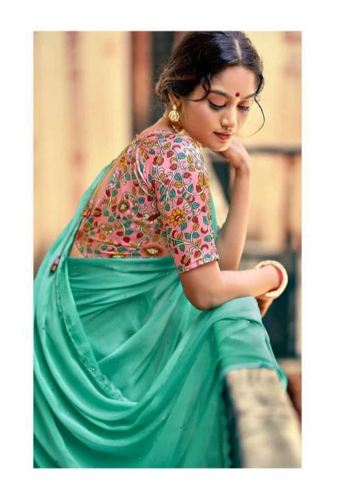 Grab Mantra Green Chiffon Saree With Lace And Mukesh Work All Over Plus Multicolour Satin Unstitched Blouse - Image 2