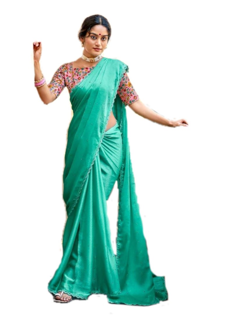Grab Mantra Green Chiffon Saree With Lace And Mukesh Work All Over Plus Multicolour Satin Unstitched Blouse - Image 1