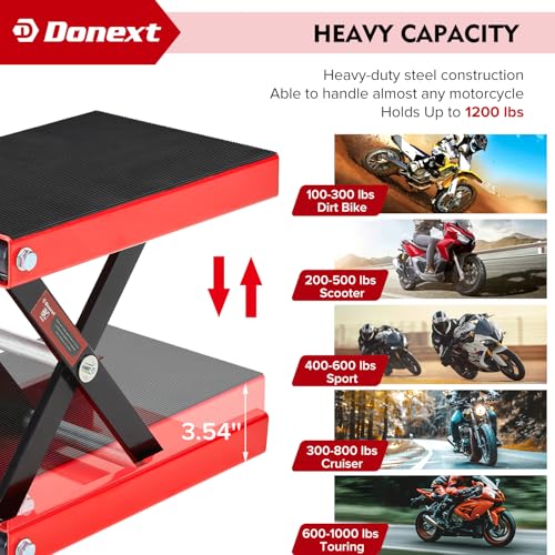 Donext Motorcycle Lift Scissor Jack, 1200 LB Capacity Wide Deck Hoist Stand Maintenance Bikes ATVs Garage Repair Center Stand Lift Jack, Red - Image 3