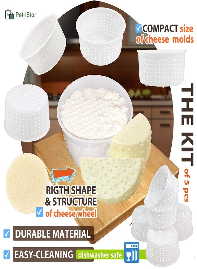 بتريستور قوالب جبن طري من بيتريستور، ٥ قطع، لصنع الجبن، سعة ٠.٨ لتر - قوالب جبن صغيرة - لوازم صنع الجبن المنزلي - قالب جبن كريمي - قوالب جبن طازج منزلي - سلة صنع جبن الفيتا - Image 2