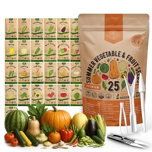 Organo Republic 25 Summer Vegetable & Fruit Seeds Variety Pack - 1,870+ Non-GMO Heirloom Veggie & Fruits Seeds for Outdoors and Indoor Home Gardening, Including Collards, Tomato, Pepper, Okra, Onion, Bean, Cucumber - Image 1