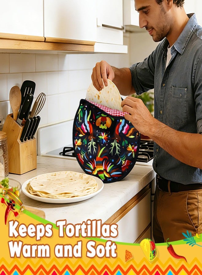 AUVCAS 2 Pcs 12 Inch Tortilla Warmer Pouch, 12 Inch Large Size, Talavera Mexican Pottery Pattern Insulated Cloth Pouch for Tortillas, Tacos, Pizza Rolls, Keeps Warm for One Hour, Colorful Bird (Black) - Image 4