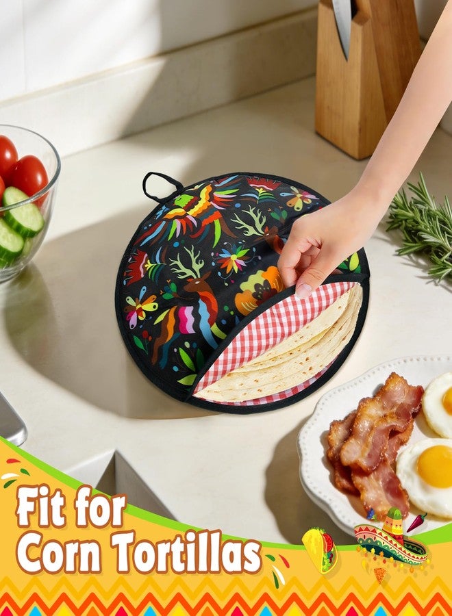 AUVCAS 2 Pcs 12 Inch Tortilla Warmer Pouch, 12 Inch Large Size, Talavera Mexican Pottery Pattern Insulated Cloth Pouch for Tortillas, Tacos, Pizza Rolls, Keeps Warm for One Hour, Colorful Bird (Black) - Image 3