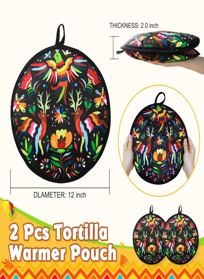 AUVCAS 2 Pcs 12 Inch Tortilla Warmer Pouch, 12 Inch Large Size, Talavera Mexican Pottery Pattern Insulated Cloth Pouch for Tortillas, Tacos, Pizza Rolls, Keeps Warm for One Hour, Colorful Bird (Black) - Image 2