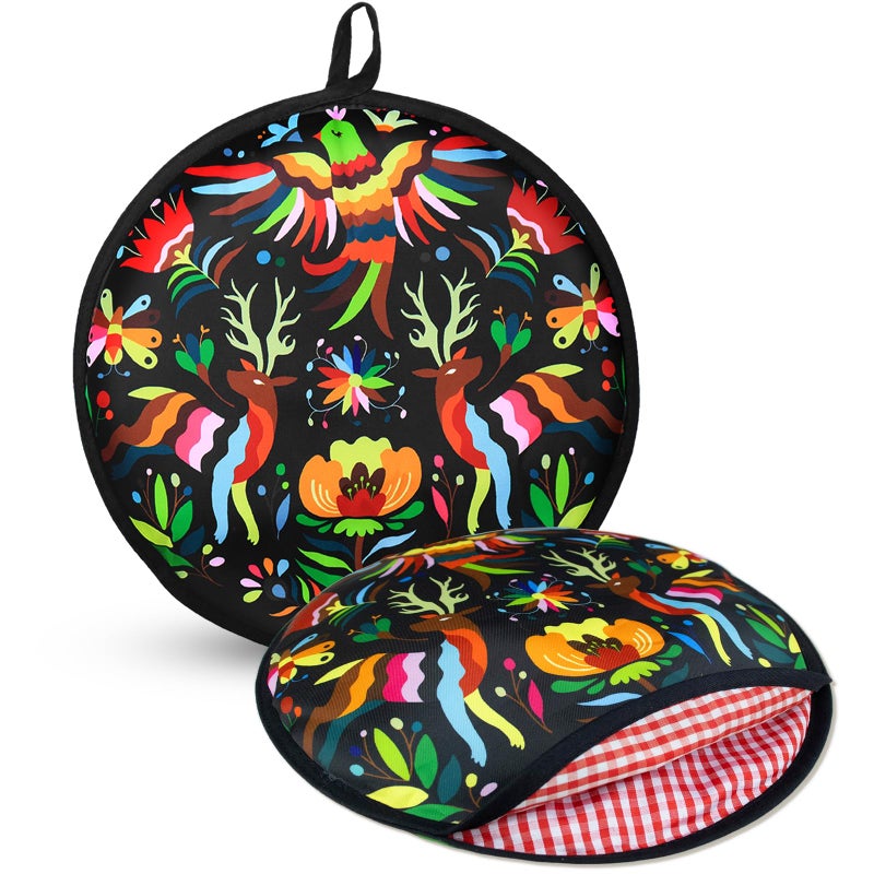 AUVCAS 2 Pcs 12 Inch Tortilla Warmer Pouch, 12 Inch Large Size, Talavera Mexican Pottery Pattern Insulated Cloth Pouch for Tortillas, Tacos, Pizza Rolls, Keeps Warm for One Hour, Colorful Bird (Black) - Image 1