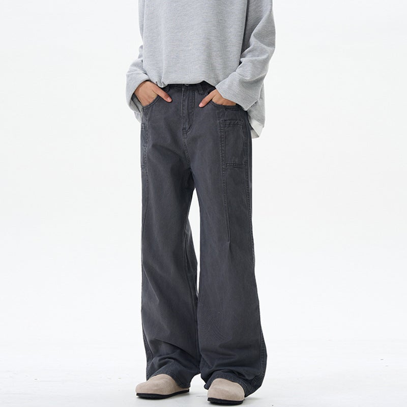 LKTM Mens# American vintage Straight Overalls Mens and Womens Trendy Brand Loose and Handsome Washed Cotton Casual Pants Grey - Image 4
